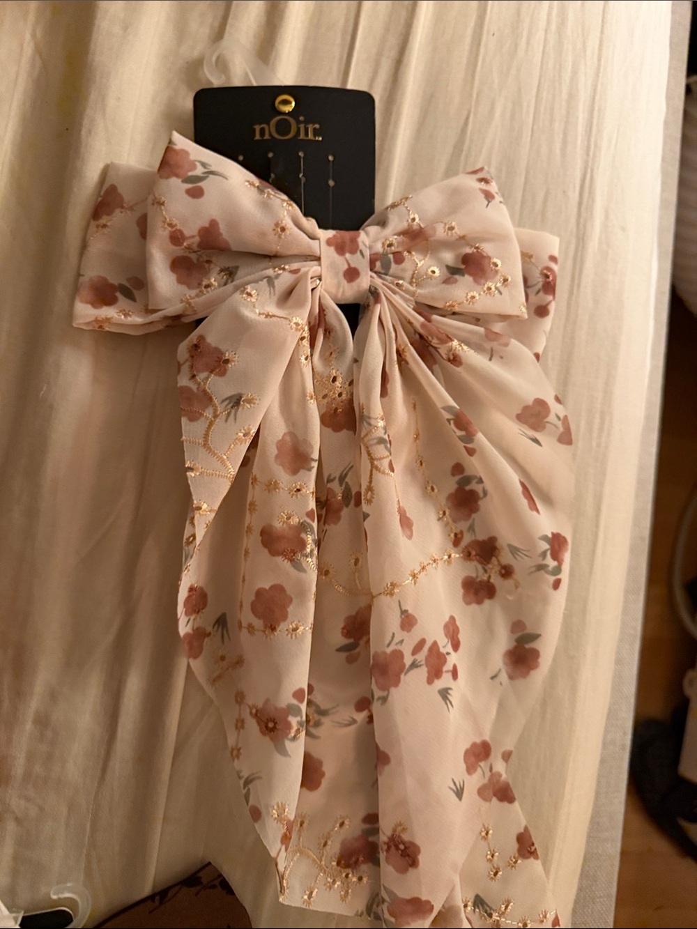 Noir Cream Hair bow Scarf Floral Accents